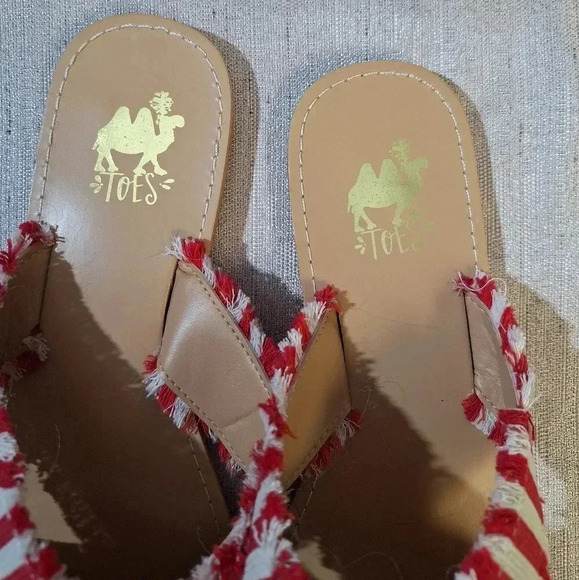Camel Threads TOES Crossover Open Toe Flipflop Sandals Stripe White Red Fringe - Picture 6 of 9
